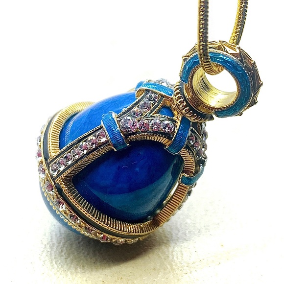 BLUE TURQUOISE STERLING Silver Faberge Art Deco Egg Pendant Swarovski Crystals - Picture 2 of 2